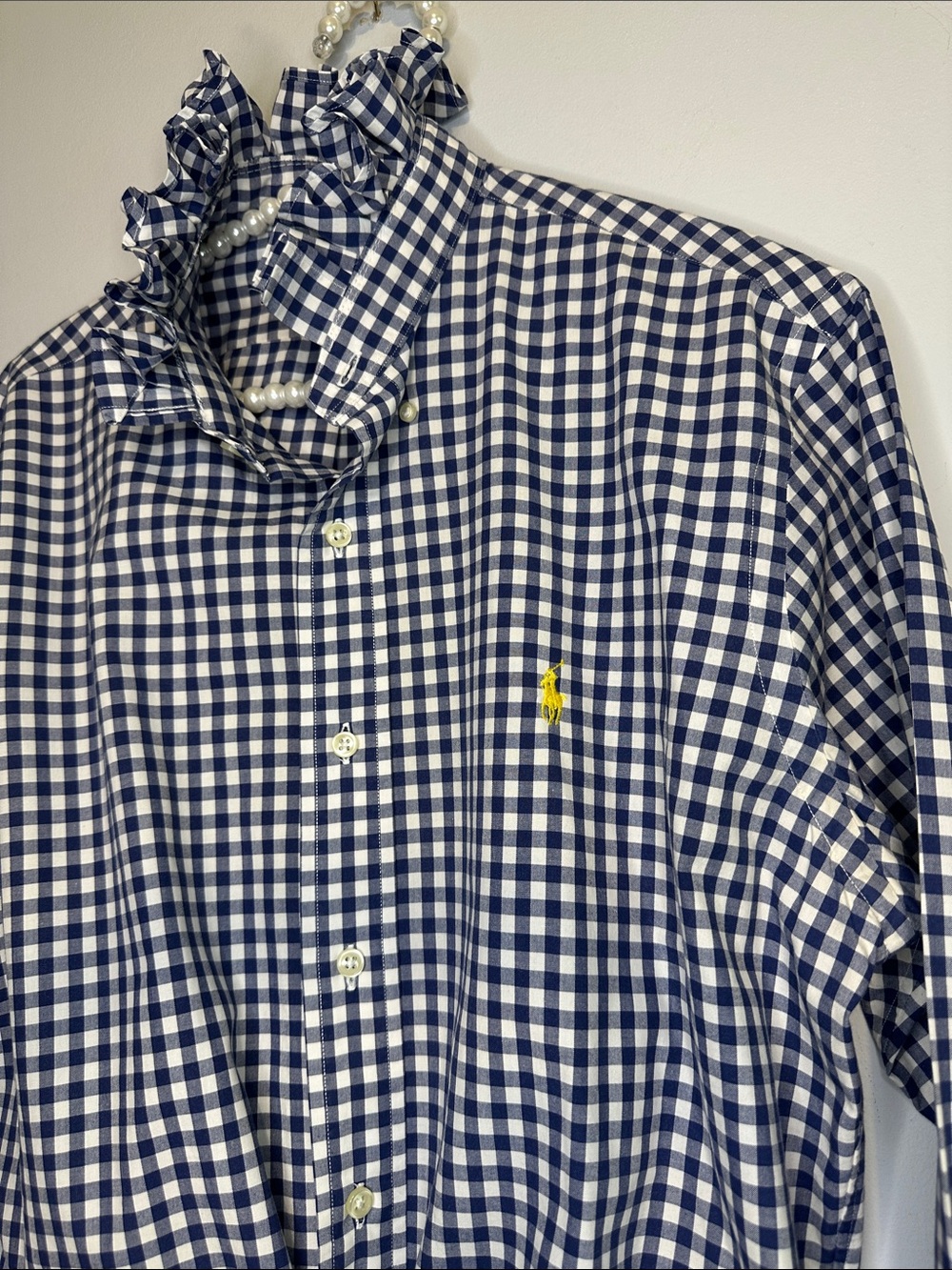 Ralph Lauren Navy & White Gingham Ruffled collar Shirt